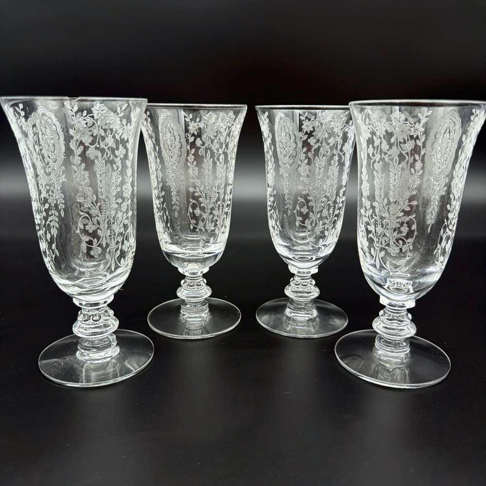 VTG Tiffin June Night Etched Crystal Clear Footed Iced Tea Glasses Set Of 4